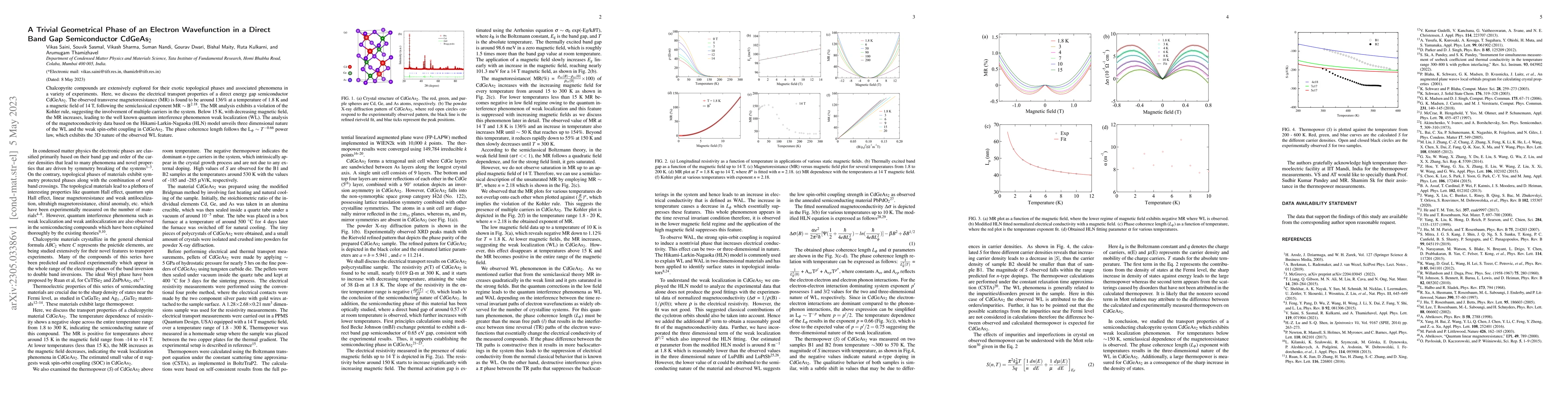 Thumbnail for A Trivial Geometrical Phase of an Electron Wavefunction in a Direct Band
  Gap Semiconductor CdGeAs$_{2}$