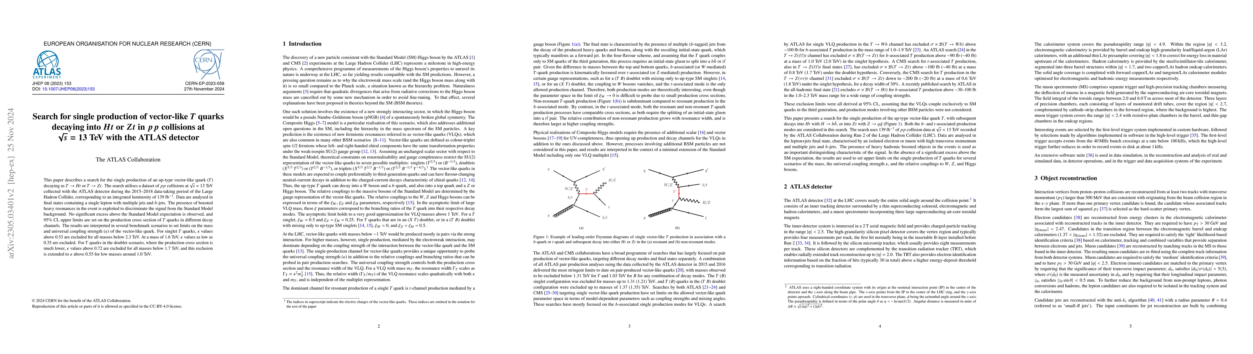 Thumbnail for Search for single production of vector-like $T$ quarks decaying into
  $Ht$ or $Zt$ in $pp$ collisions at $\sqrt{s}=13$ TeV with the ATLAS detector