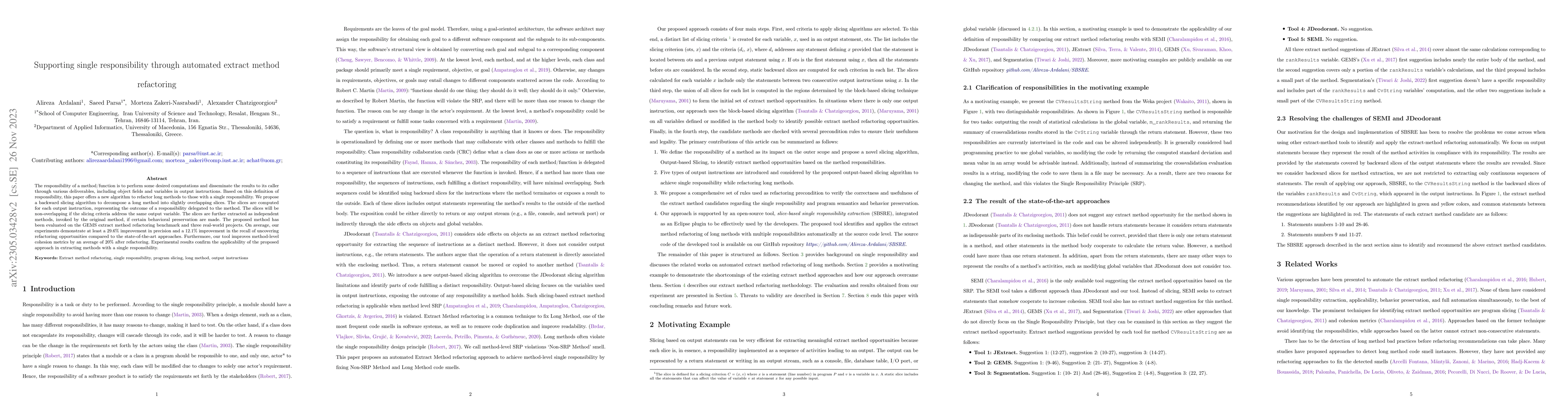 Thumbnail for Supporting single responsibility through automated extract method
  refactoring