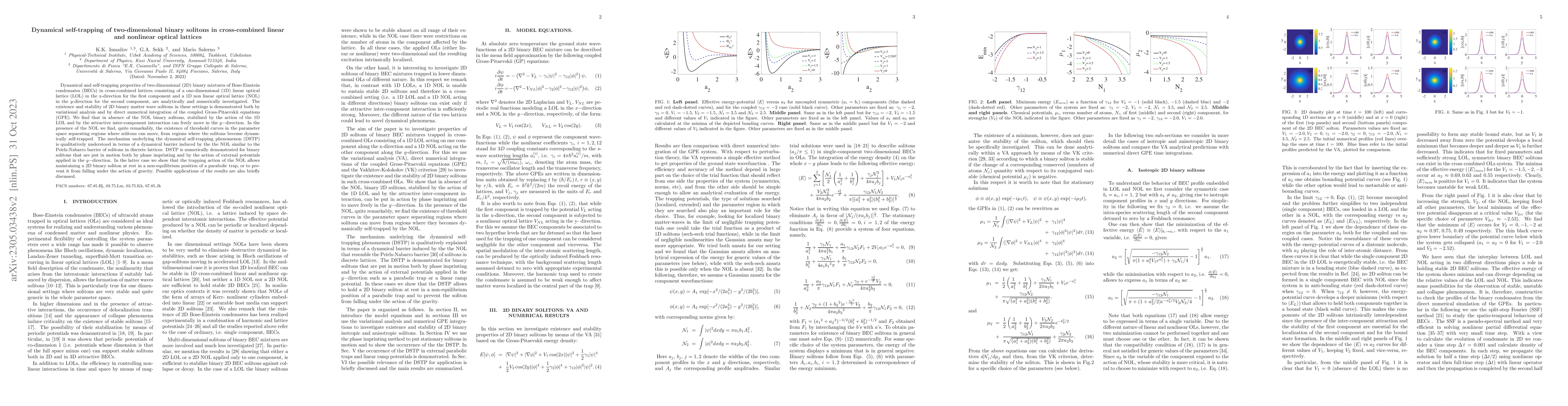 Thumbnail for Dynamical self-trapping of two-dimensional binary solitons in
  cross-combined linear and nonlinear optical lattices