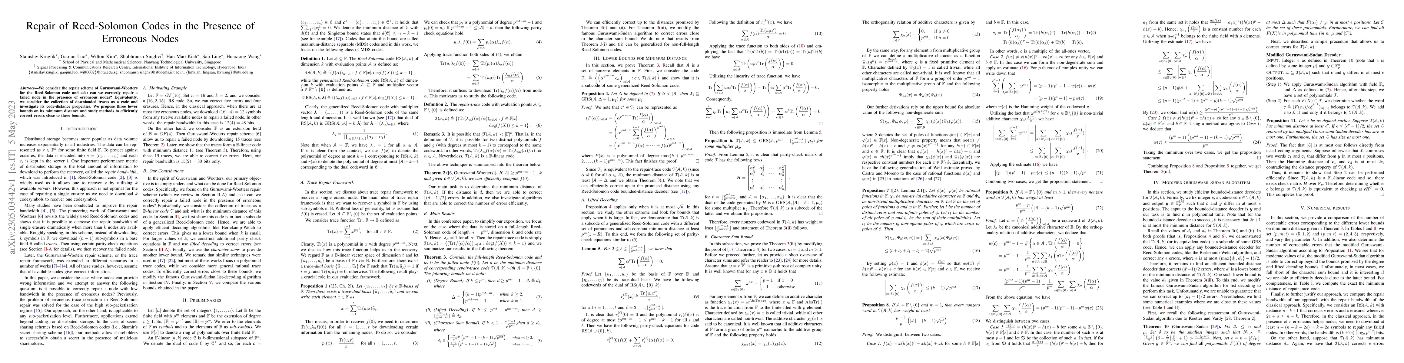 Thumbnail for Repair of Reed-Solomon Codes in the Presence of Erroneous Nodes