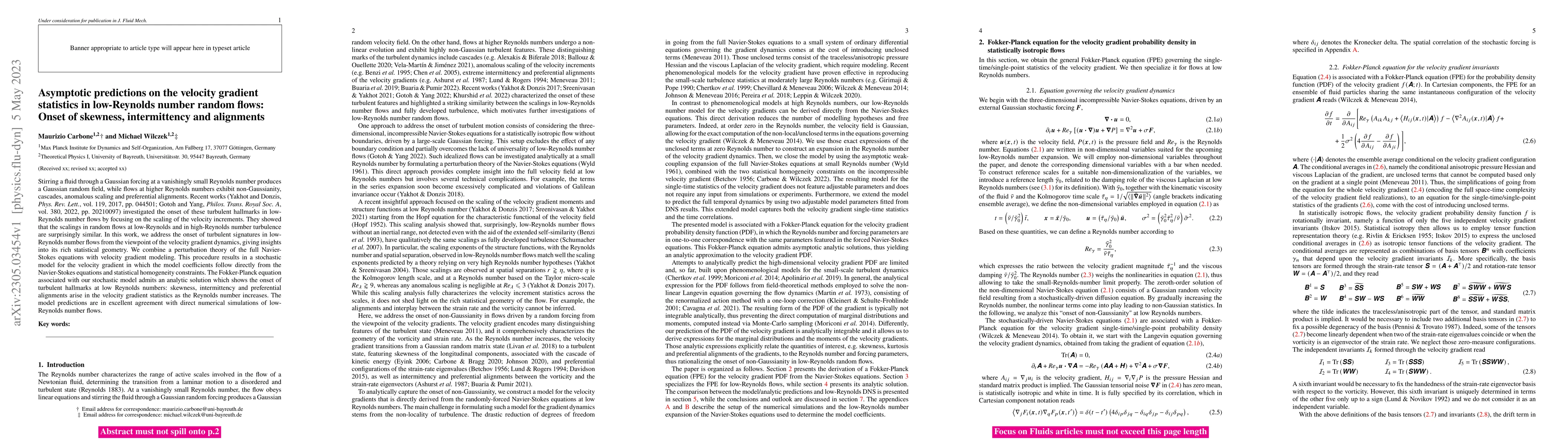 Thumbnail for Asymptotic predictions on the velocity gradient statistics in
  low-Reynolds number random flows: Onset of skewness, intermittency and
  alignments