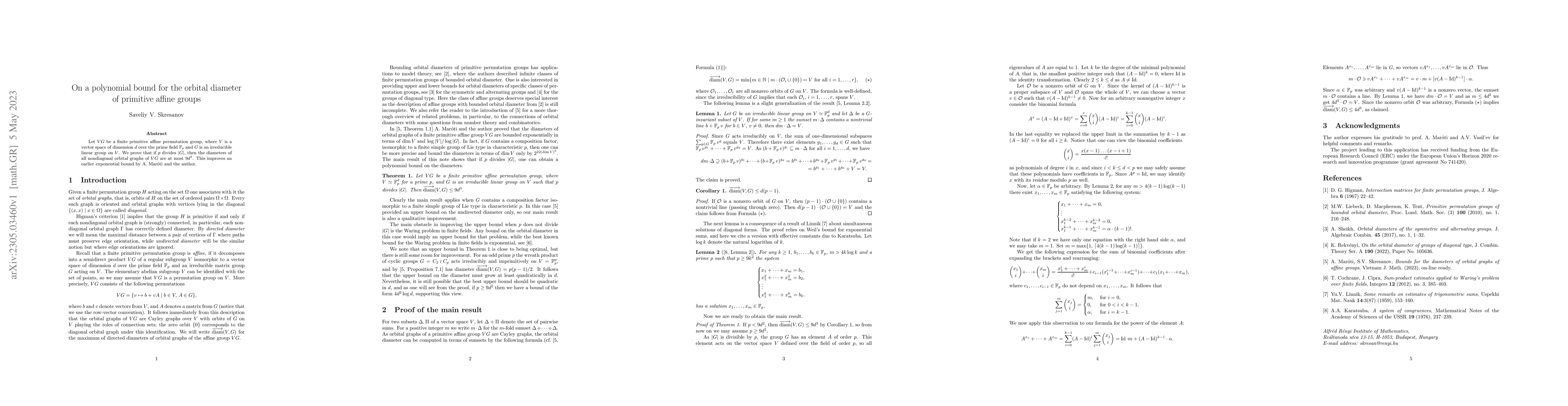 Thumbnail for On a polynomial bound for the orbital diameter of primitive affine
  groups