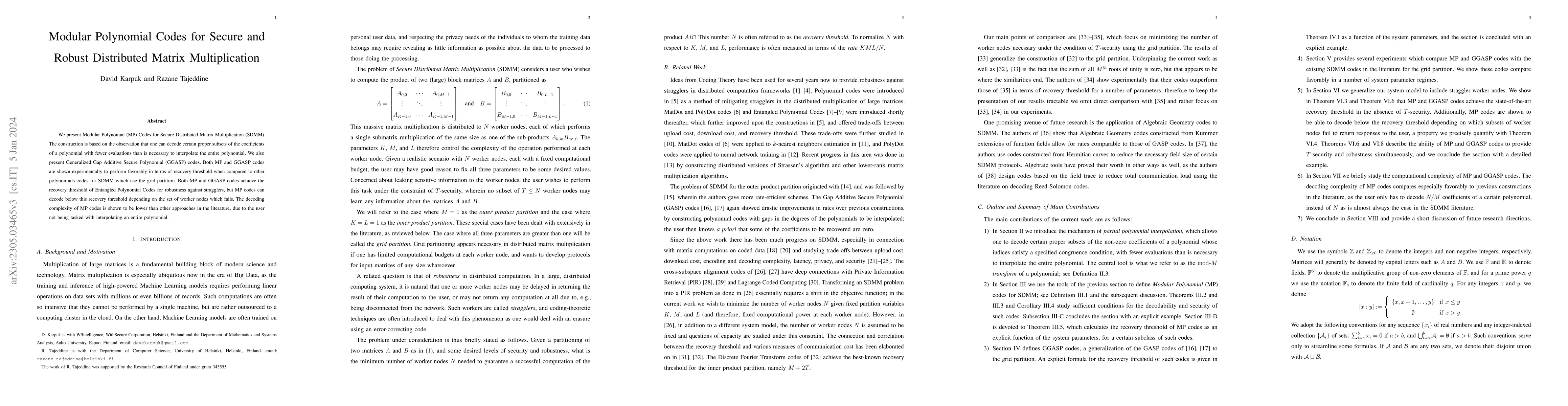 Thumbnail for Modular Polynomial Codes for Secure and Robust Distributed Matrix
  Multiplication