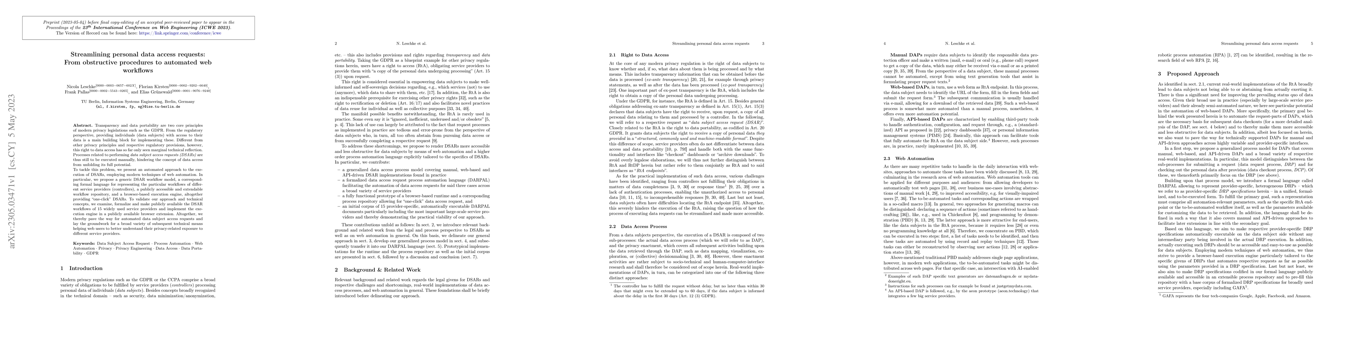 Thumbnail for Streamlining personal data access requests: From obstructive procedures
  to automated web workflows