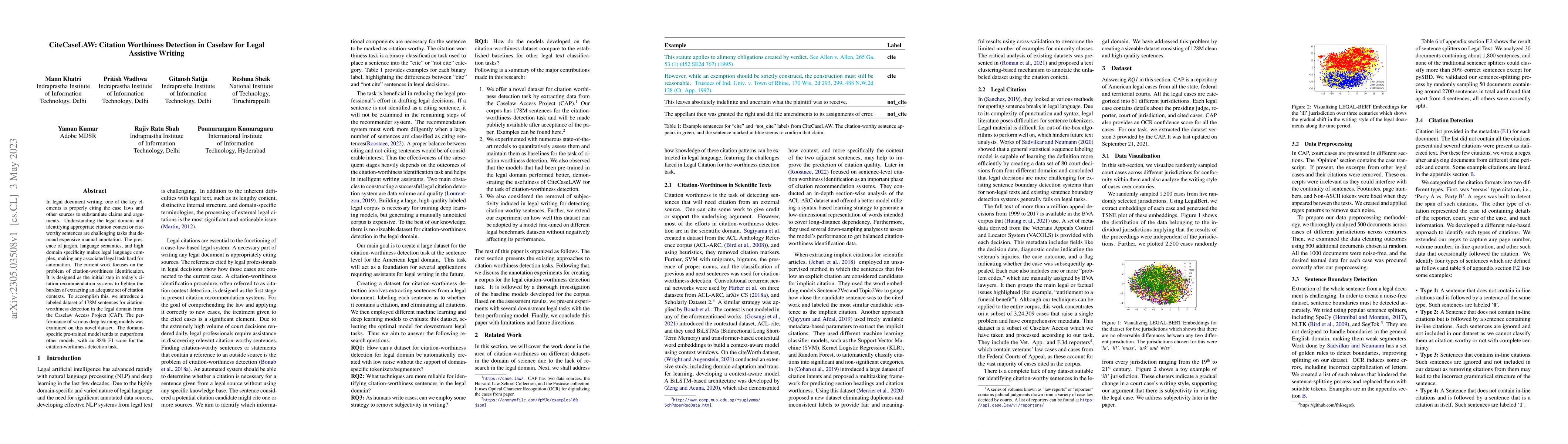 Thumbnail for CiteCaseLAW: Citation Worthiness Detection in Caselaw for Legal
  Assistive Writing