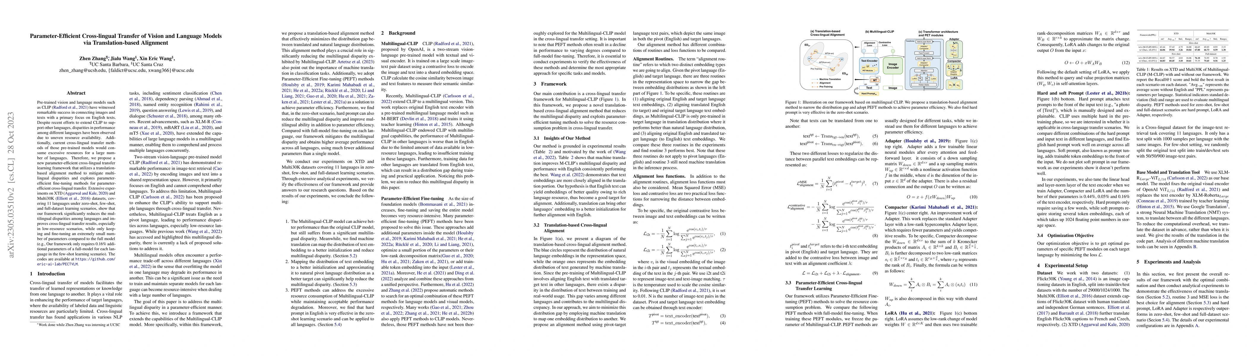Thumbnail for Parameter-Efficient Cross-lingual Transfer of Vision and Language Models
  via Translation-based Alignment