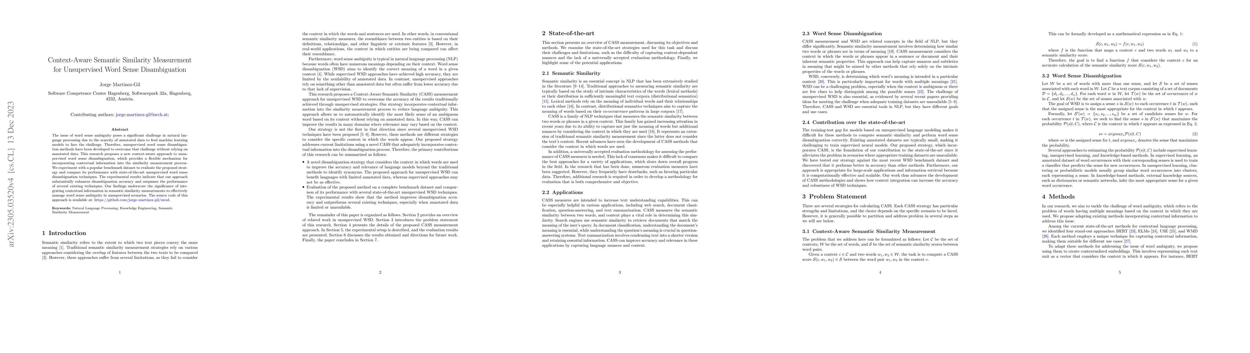 Thumbnail for Context-Aware Semantic Similarity Measurement for Unsupervised Word
  Sense Disambiguation