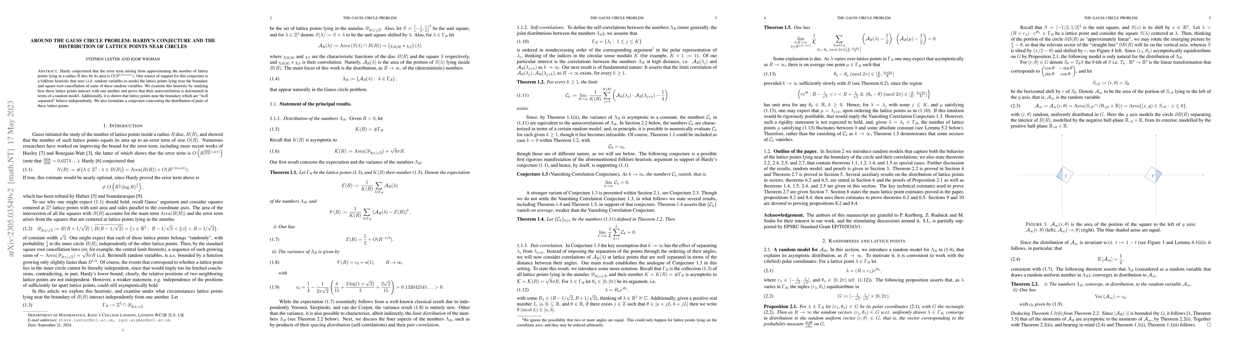Thumbnail for Around the Gauss circle problem: Hardy's conjecture and the distribution
  of lattice points near circles