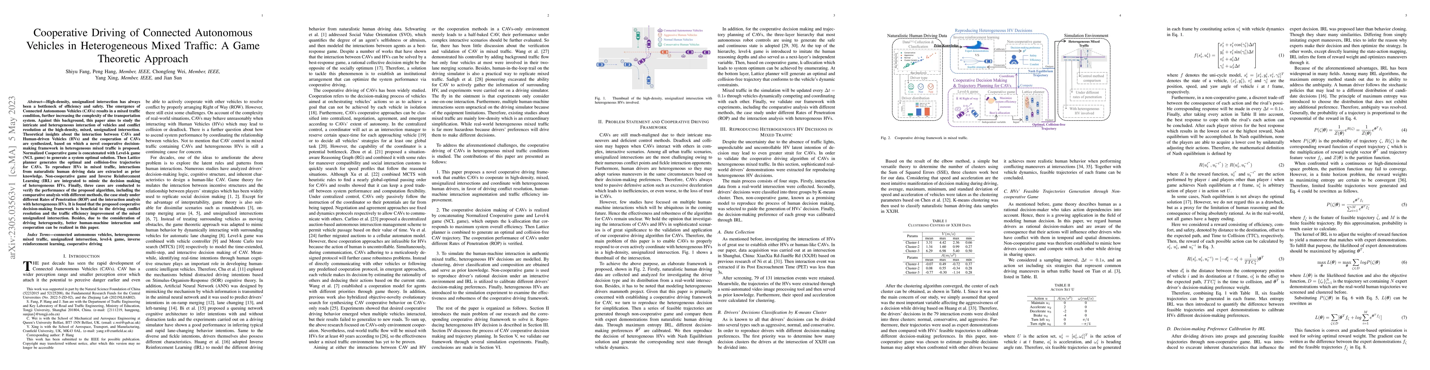 Thumbnail for Cooperative Driving of Connected Autonomous Vehicles in Heterogeneous
  Mixed Traffic: A Game Theoretic Approach