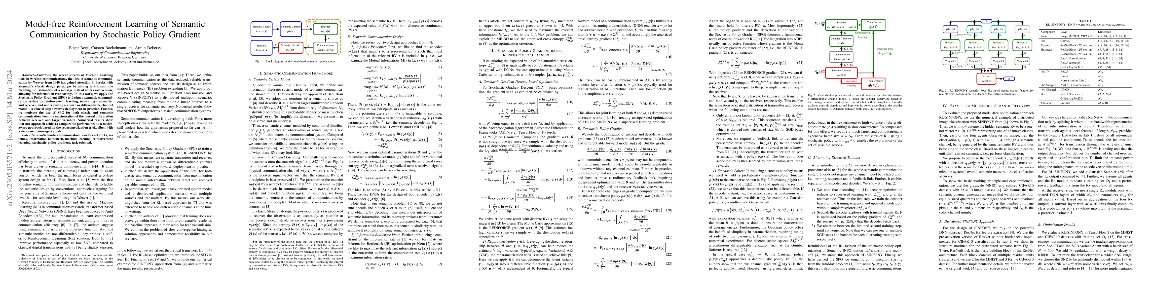 Thumbnail for Model-free Reinforcement Learning of Semantic Communication by
  Stochastic Policy Gradient