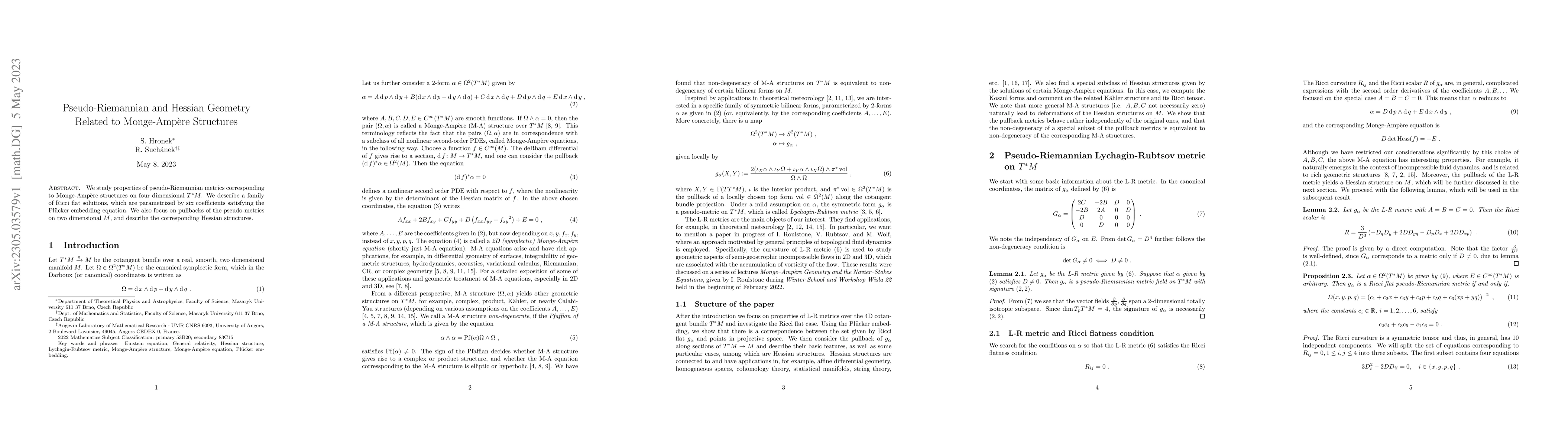Thumbnail for Pseudo-Riemannian and Hessian Geometry Related to Monge-Amp\`ere
  Structures