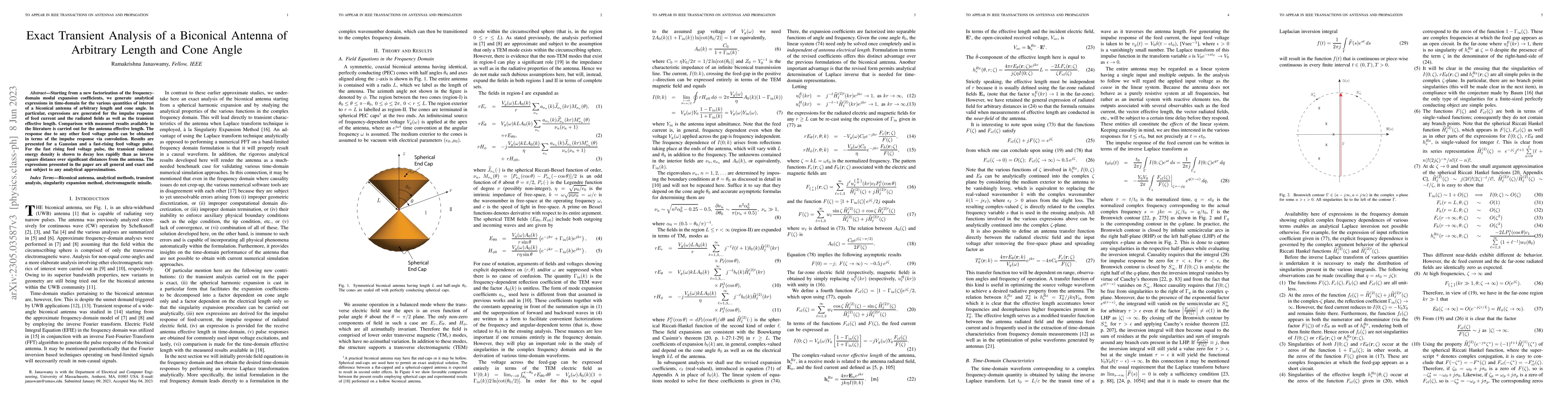 Thumbnail for Exact Transient Analysis of a Biconical Antenna of Arbitrary Length and
  Cone Angle