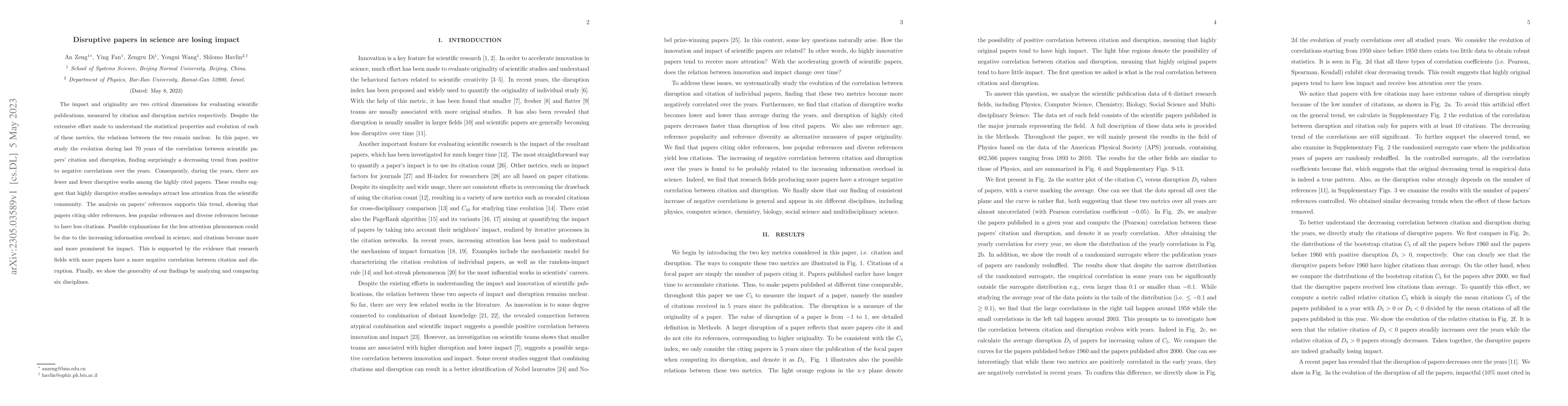 Thumbnail for Disruptive papers in science are losing impact