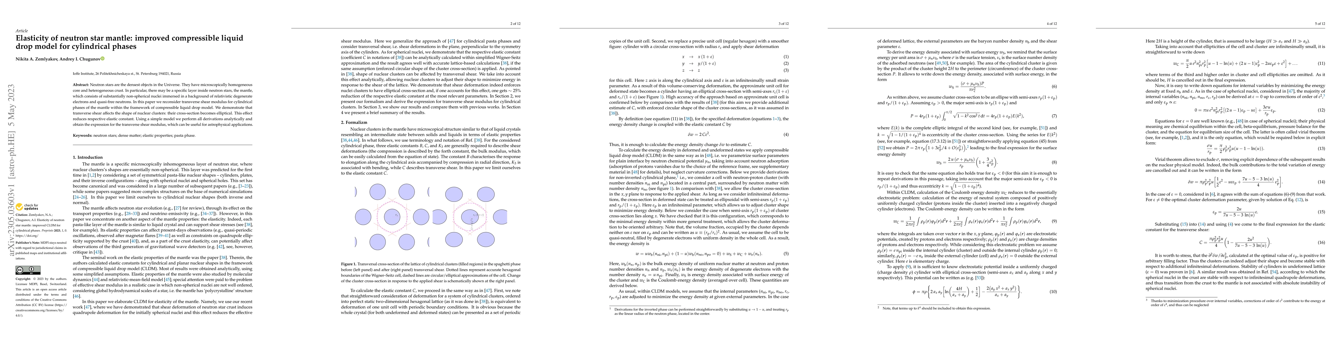Thumbnail for Elasticity of neutron star mantle: improved compressible liquid drop
  model for cylindrical phases