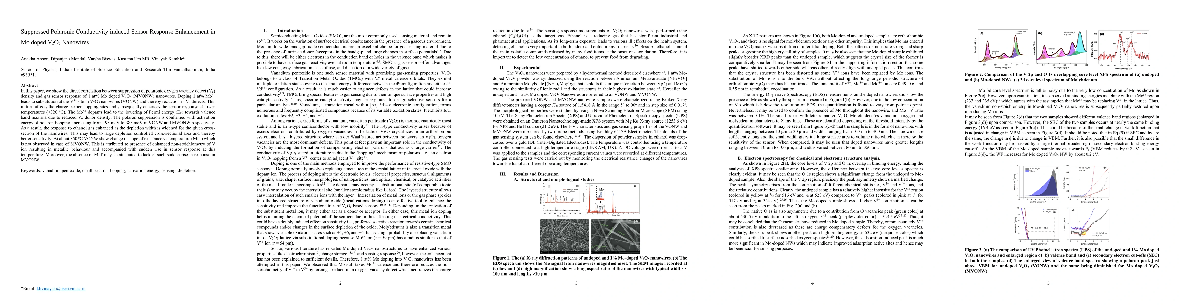 Thumbnail for Suppressed Polaronic Conductivity induced Sensor Response Enhancement in
  Mo doped V2O5 Nanowires