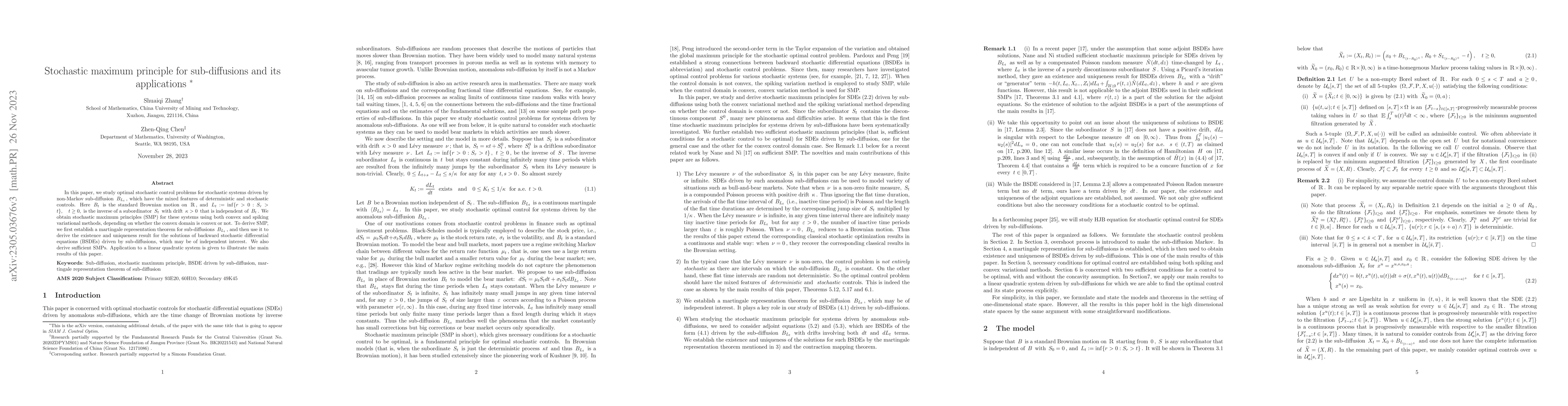 Thumbnail for Stochastic maximum principle for sub-diffusions and its applications