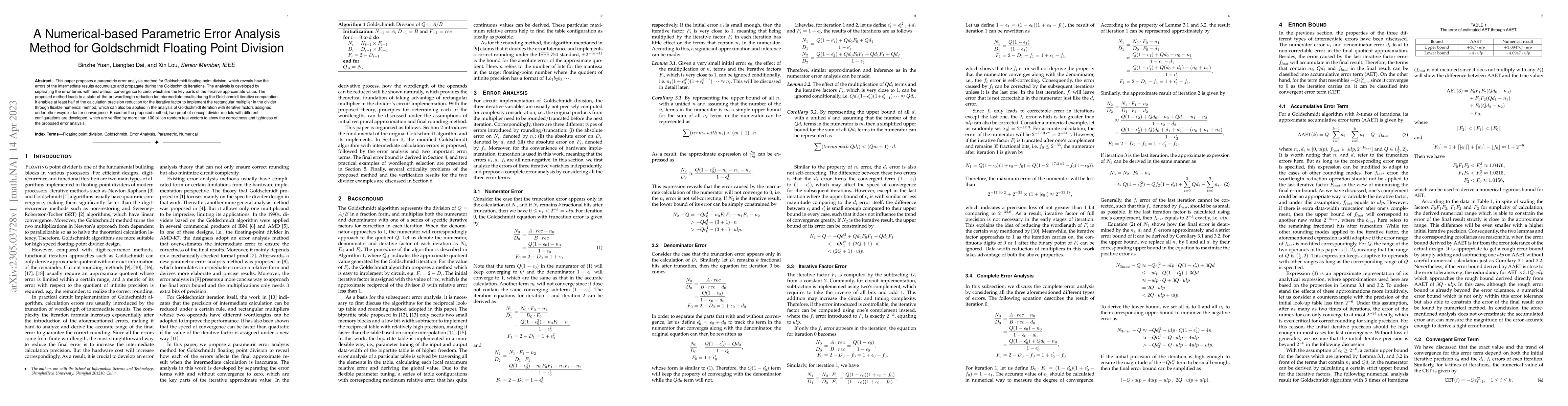 Thumbnail for A Numerical-based Parametric Error Analysis Method for Goldschmidt
  Floating Point Division