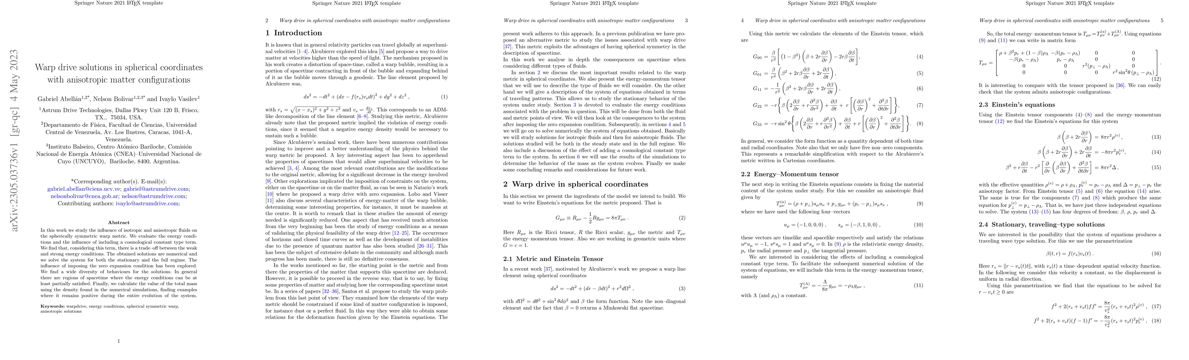 Thumbnail for Warp drive solutions in spherical coordinates with anisotropic matter
  configurations