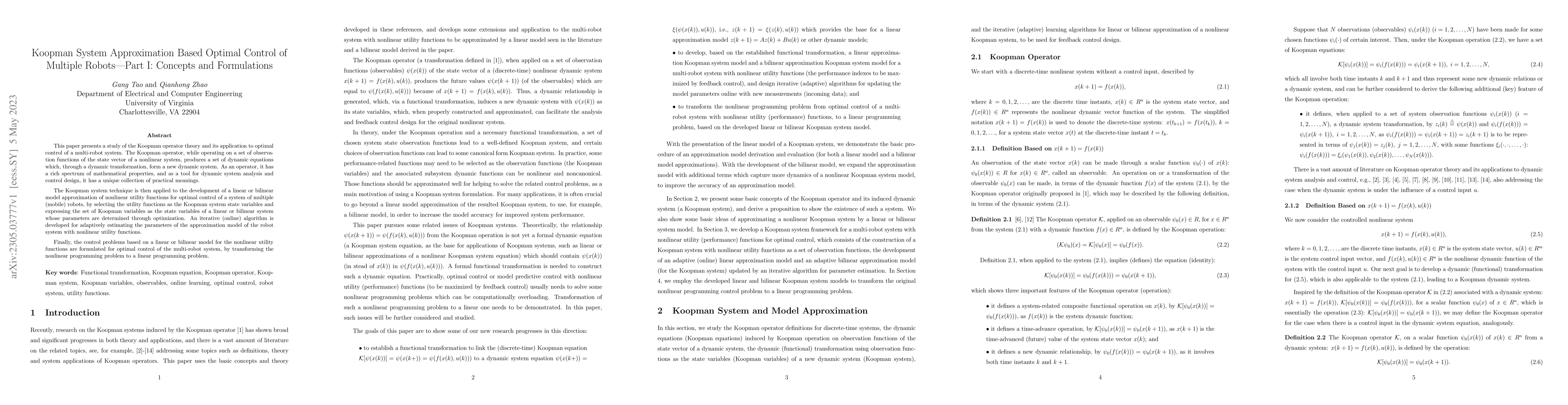 Thumbnail for Koopman System Approximation Based Optimal Control of Multiple Robots --
  Part I: Concepts and Formulations