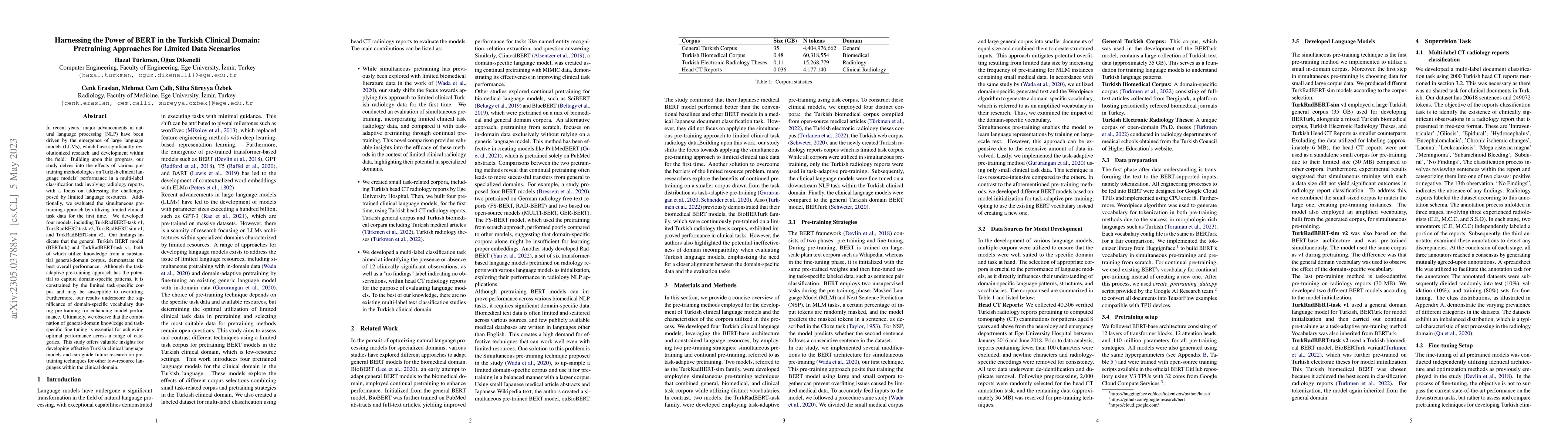 Thumbnail for Harnessing the Power of BERT in the Turkish Clinical Domain: Pretraining
  Approaches for Limited Data Scenarios