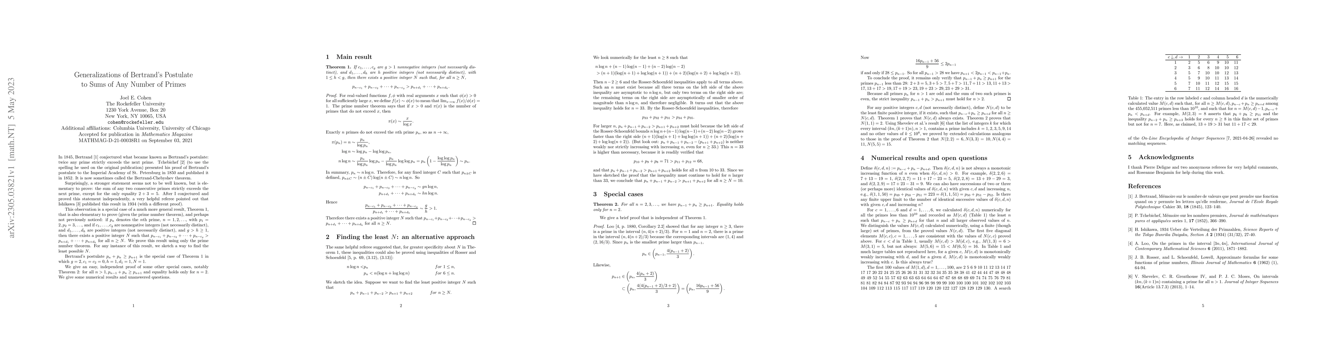 Thumbnail for Generalizations of Bertrand's Postulate to Sums of Any Number of Primes