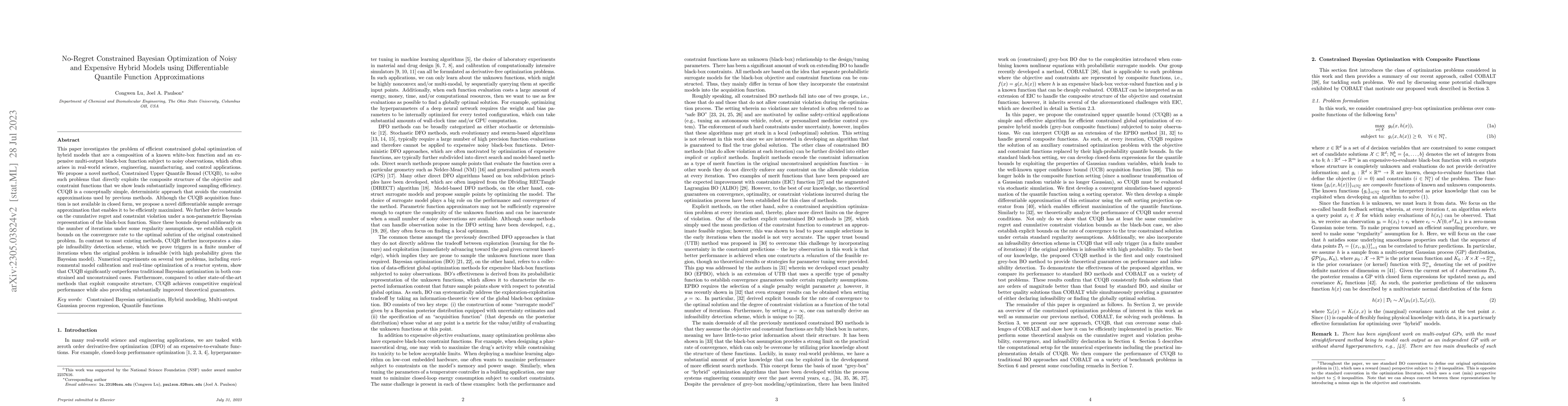 Thumbnail for No-Regret Constrained Bayesian Optimization of Noisy and Expensive
  Hybrid Models using Differentiable Quantile Function Approximations