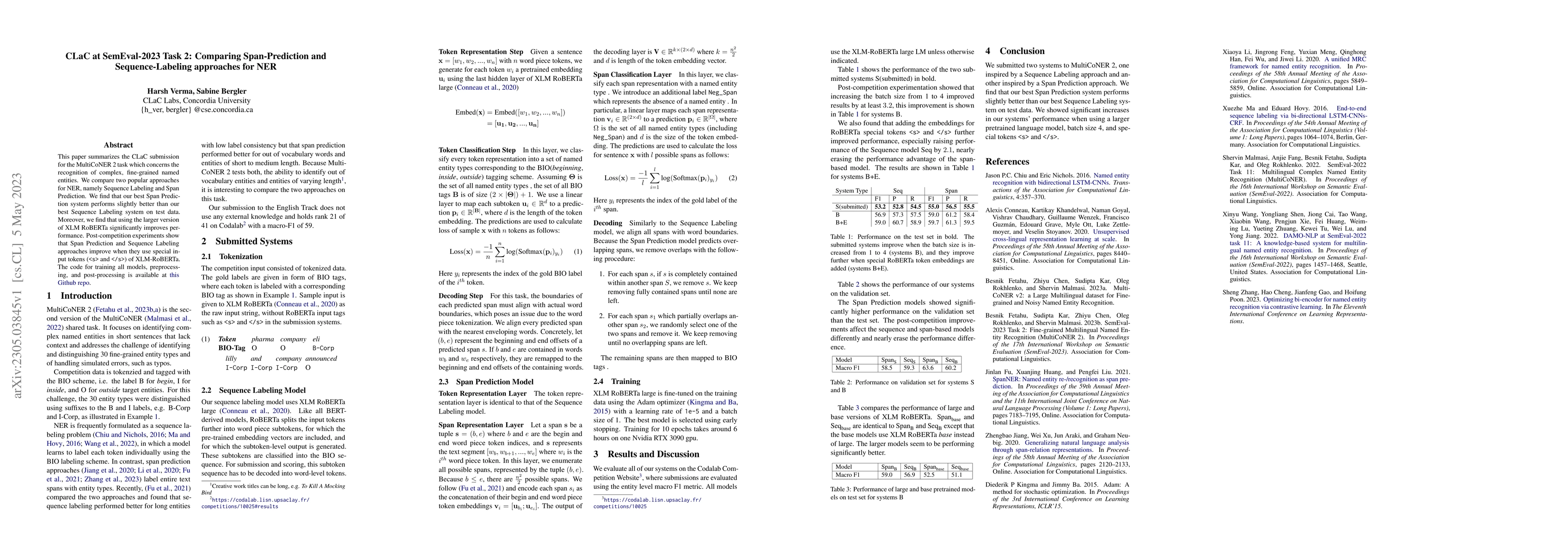 Thumbnail for CLaC at SemEval-2023 Task 2: Comparing Span-Prediction and
  Sequence-Labeling approaches for NER