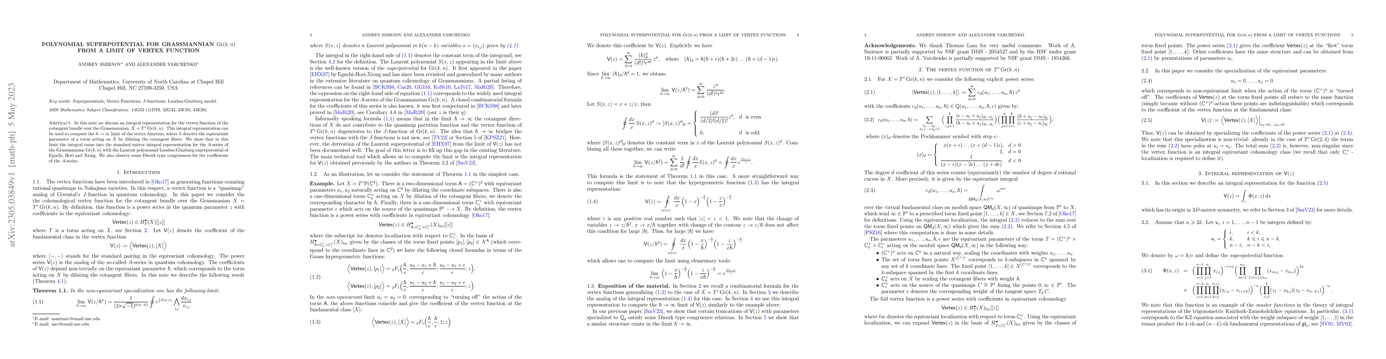 Thumbnail for Polynomial superpotential for Grassmannian $Gr(k,n)$ from a limit of
  vertex function