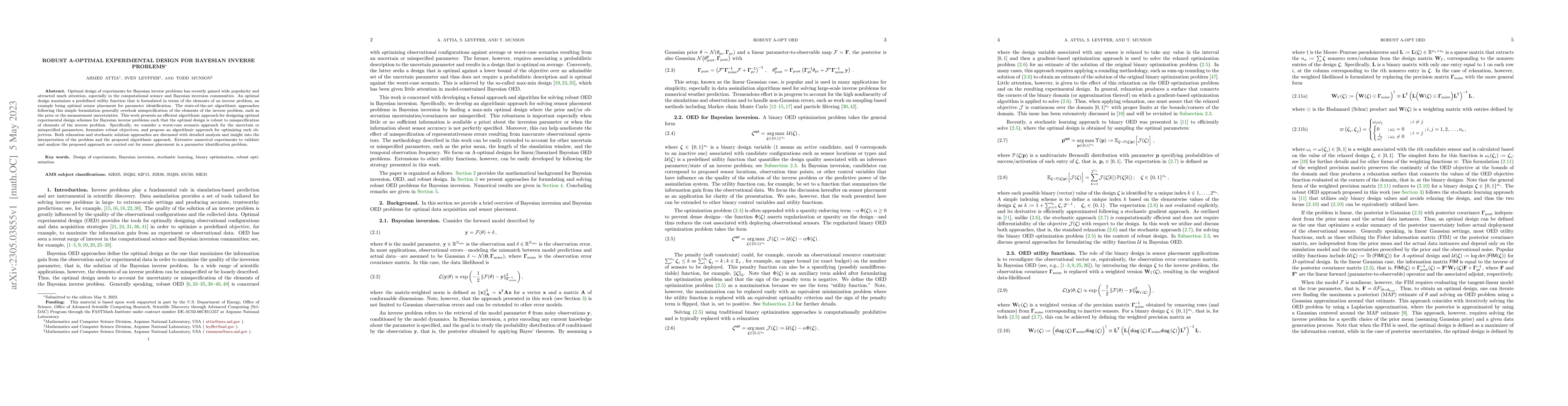 Thumbnail for Robust A-Optimal Experimental Design for Bayesian Inverse Problems