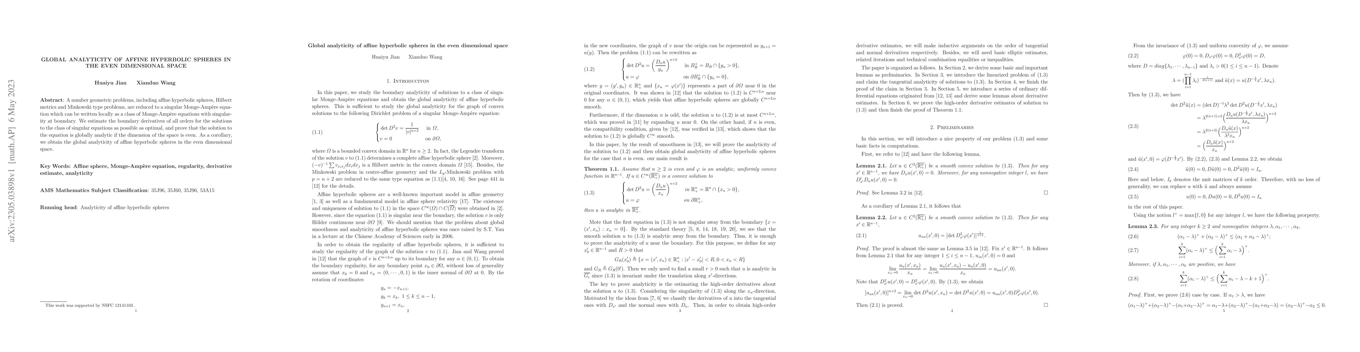Thumbnail for Global analyticity of affine hyperbolic spheres in the even dimensional
  space
