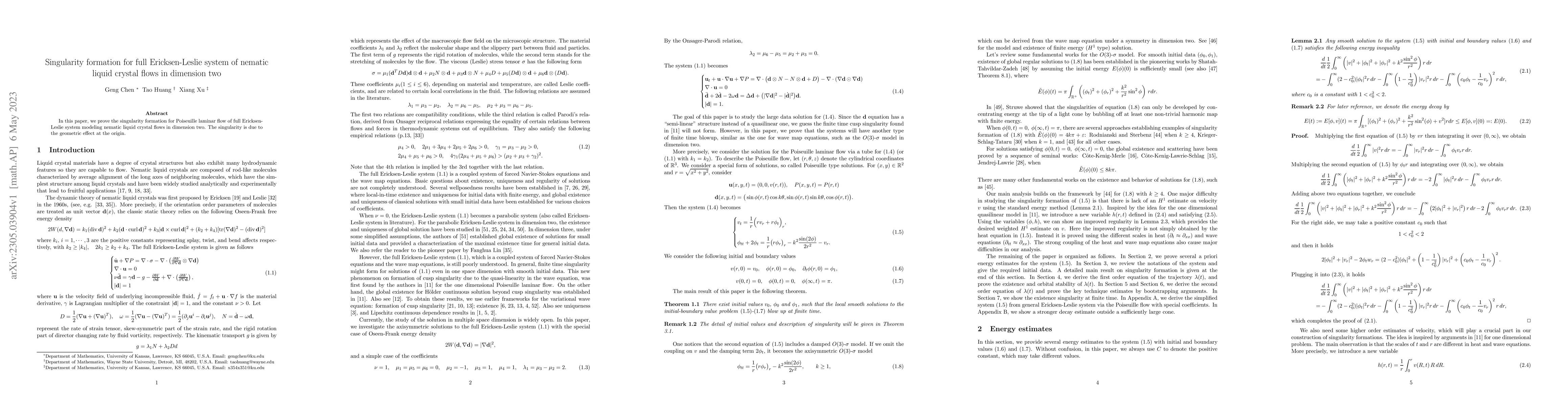 Thumbnail for Singularity formation for full Ericksen-Leslie system of nematic liquid
  crystal flows in dimension two