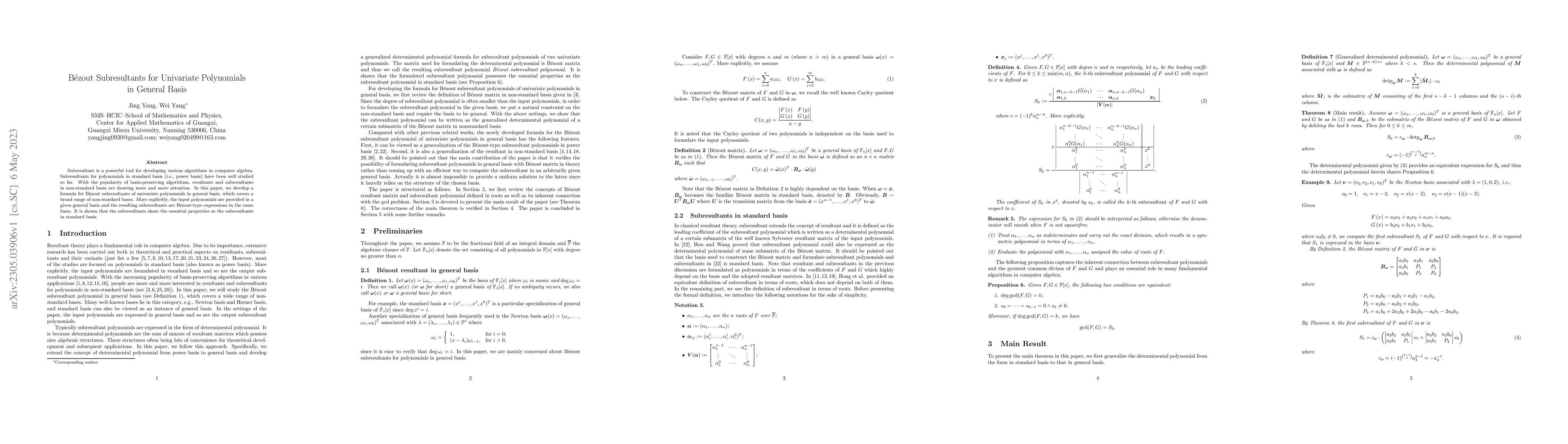 Thumbnail for B\'ezout Subresultants for Univariate Polynomials in General Basis