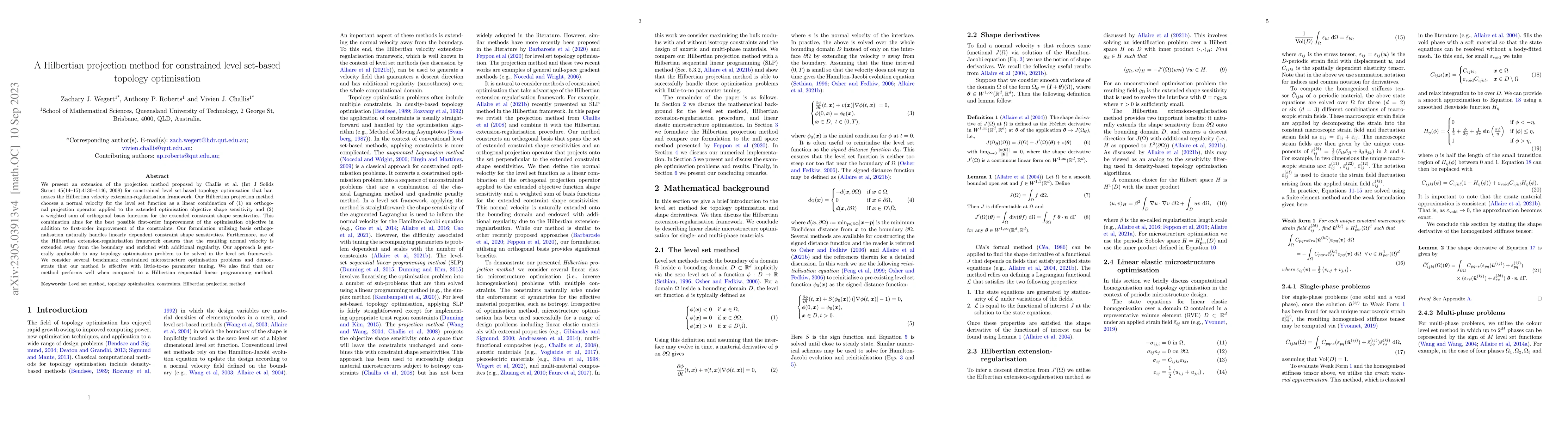 Thumbnail for A Hilbertian projection method for constrained level set-based topology
  optimisation