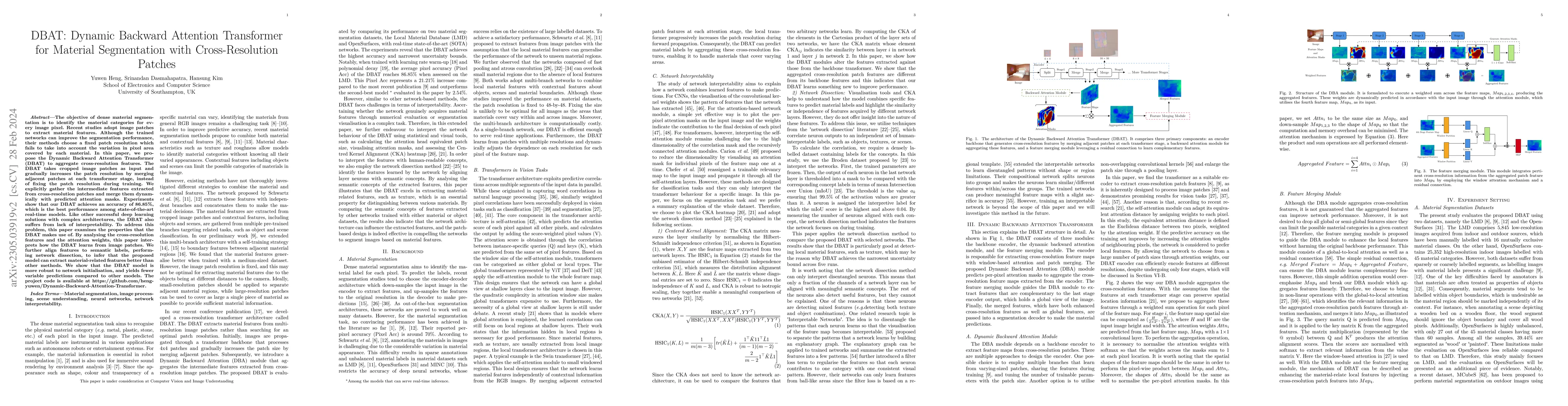 Thumbnail for DBAT: Dynamic Backward Attention Transformer for Material Segmentation
  with Cross-Resolution Patches