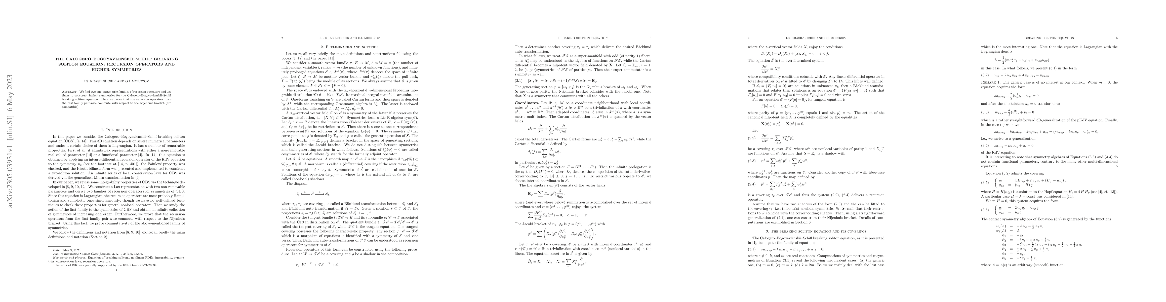 Thumbnail for The Calogero--Bogoyavlenskii--Schiff breaking soliton equation:
  recursion operators and higher symmetries