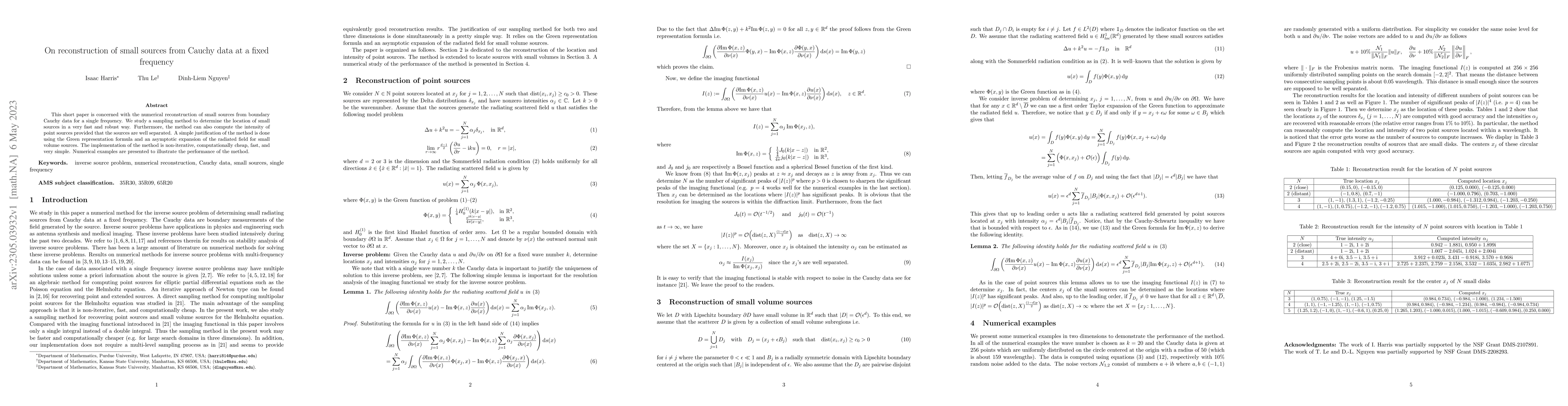 Thumbnail for On reconstruction of small sources from Cauchy data at a fixed frequency
