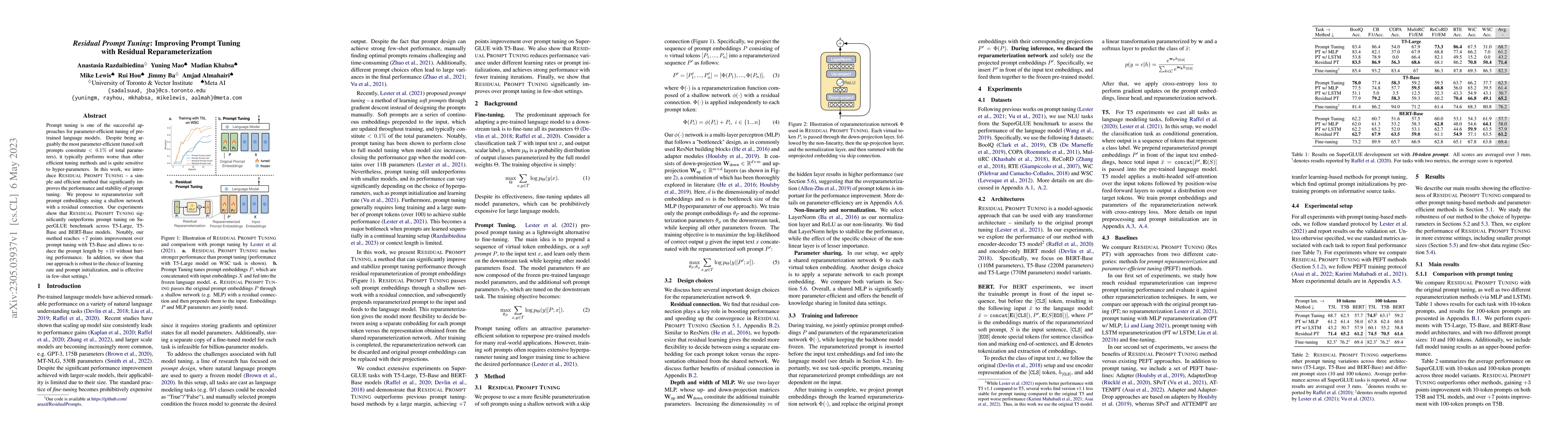Thumbnail for Residual Prompt Tuning: Improving Prompt Tuning with Residual
  Reparameterization