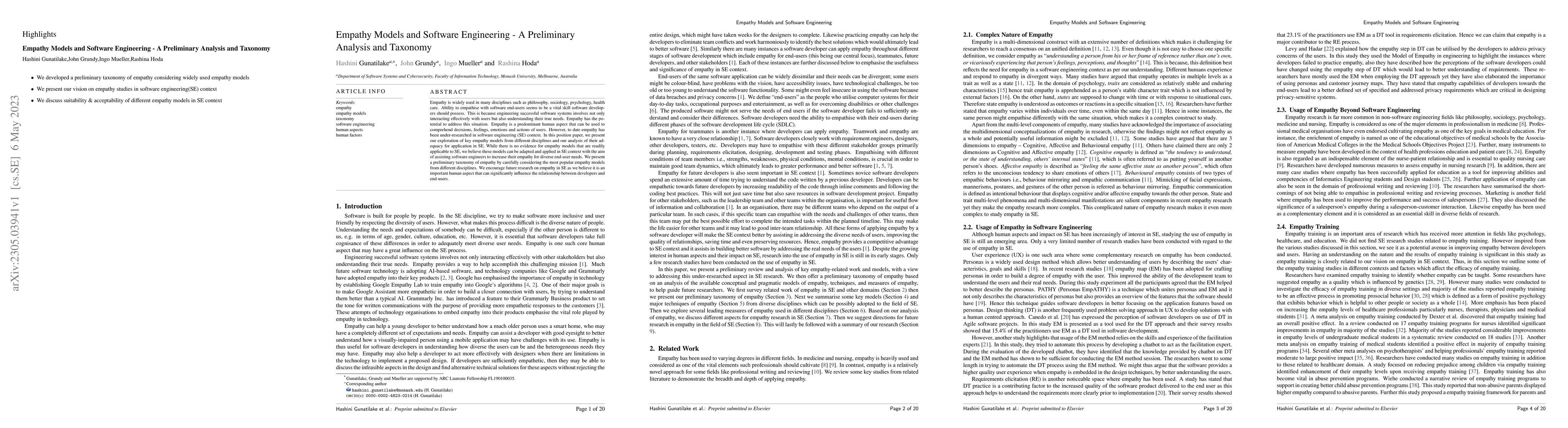 Thumbnail for Empathy Models and Software Engineering -- A Preliminary Analysis and
  Taxonomy