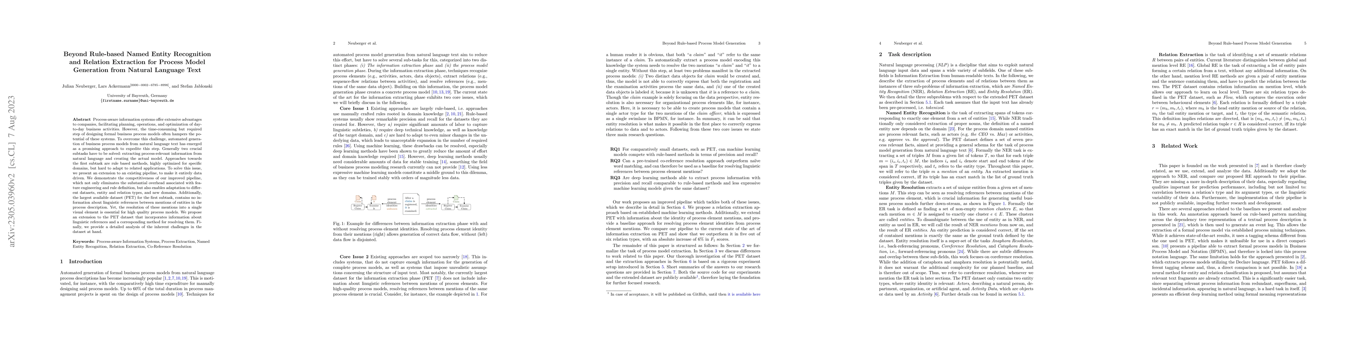 Thumbnail for Beyond Rule-based Named Entity Recognition and Relation Extraction for
  Process Model Generation from Natural Language Text