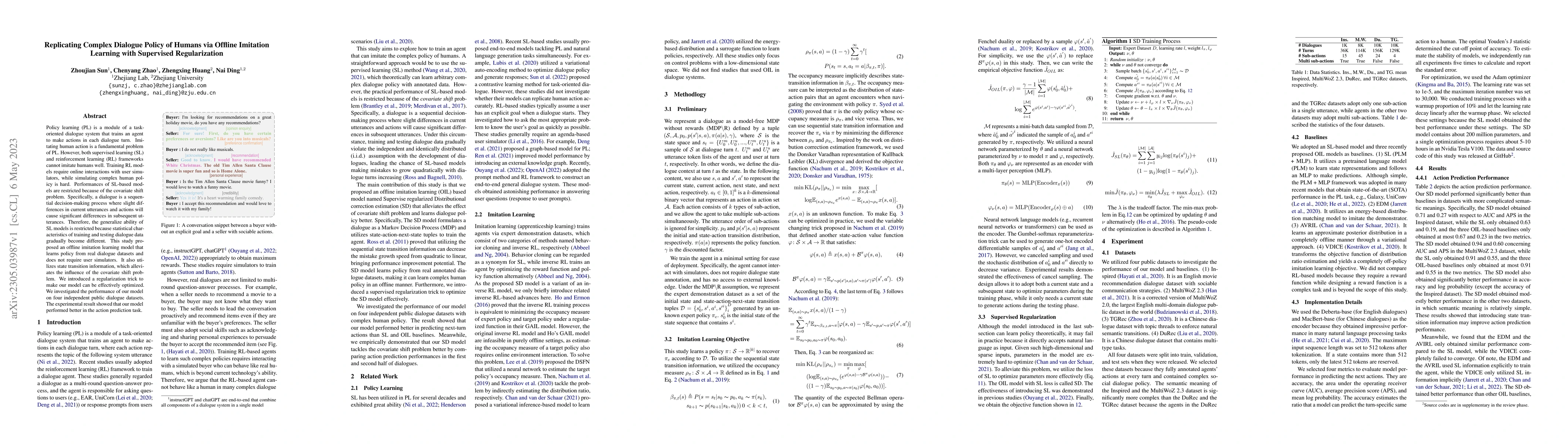Thumbnail for Replicating Complex Dialogue Policy of Humans via Offline Imitation
  Learning with Supervised Regularization