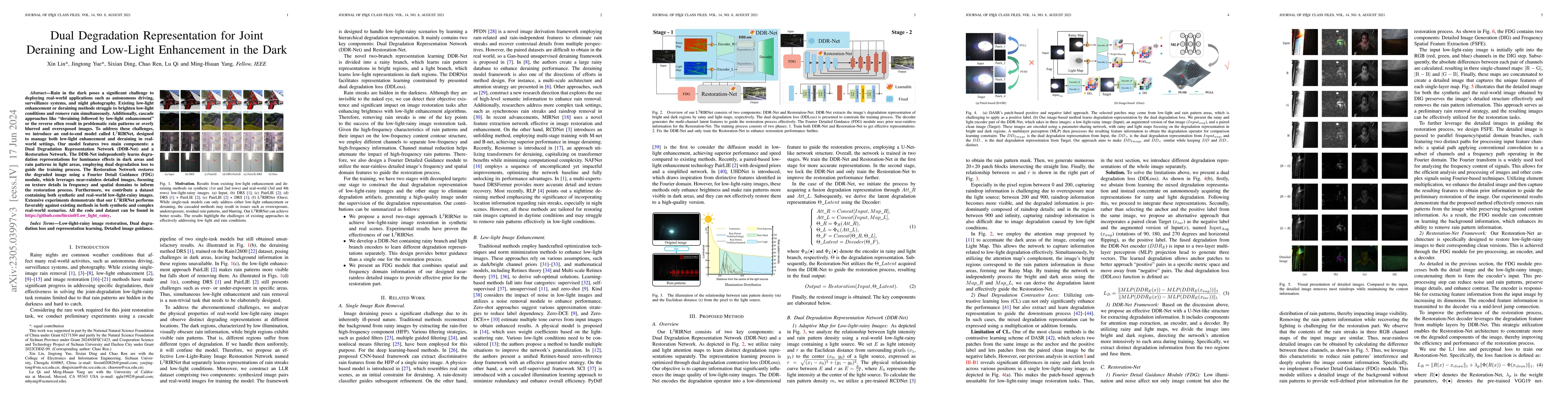Thumbnail for Dual Degradation Representation for Joint Deraining and Low-Light
  Enhancement in the Dark