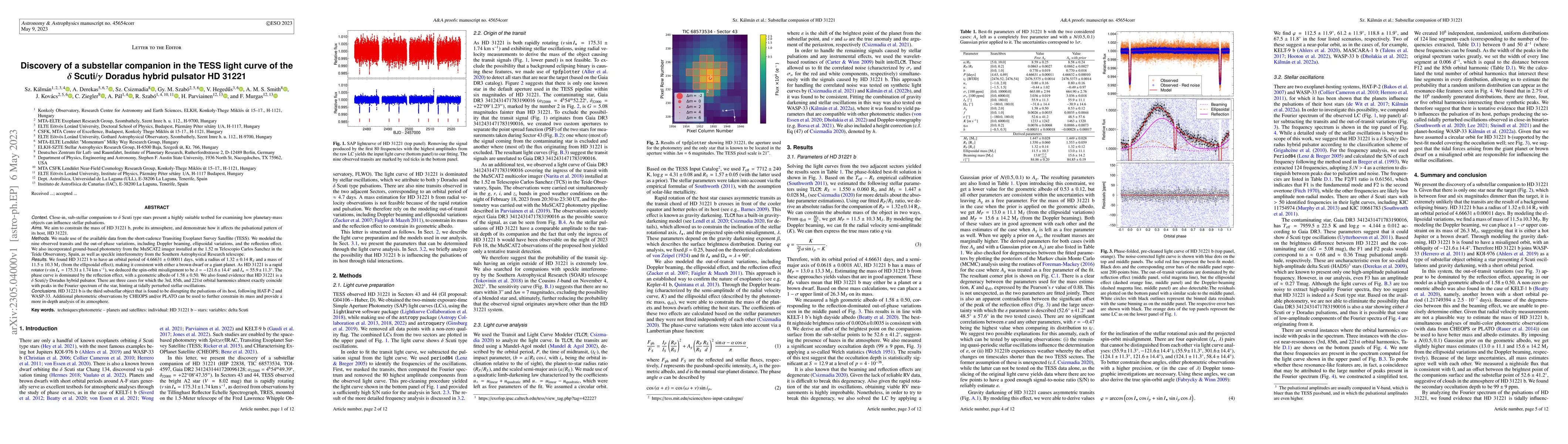 Thumbnail for Discovery of a substellar companion in the TESS light curve of the
  $\delta$ Scuti/$\gamma$ Doradus hybrid pulsator HD 31221