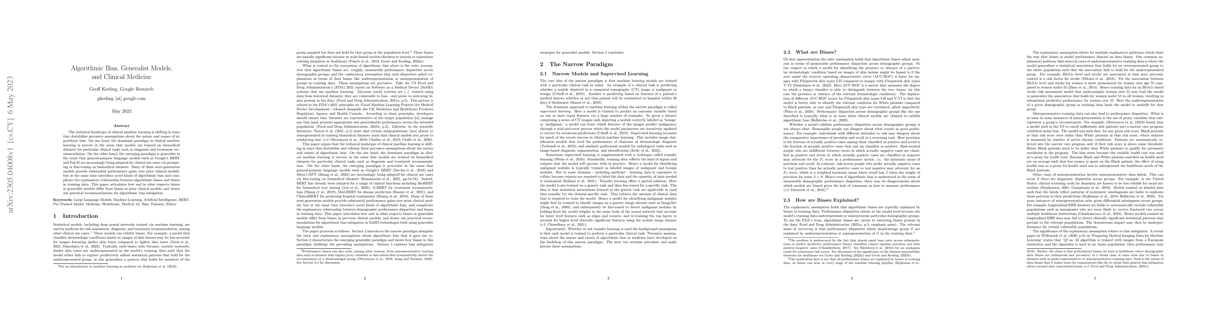 Thumbnail for Algorithmic Bias, Generalist Models,and Clinical Medicine