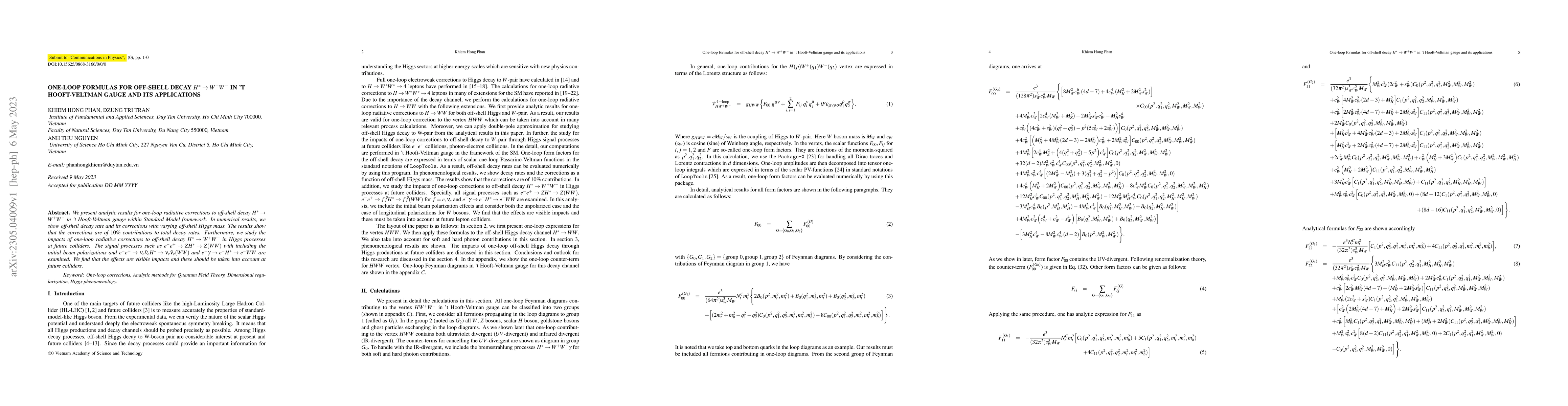 Thumbnail for One-loop formulas for off-shell decay $H^* \rightarrow W^+W^-$ in 't
  Hooft-Veltman gauge and its applications