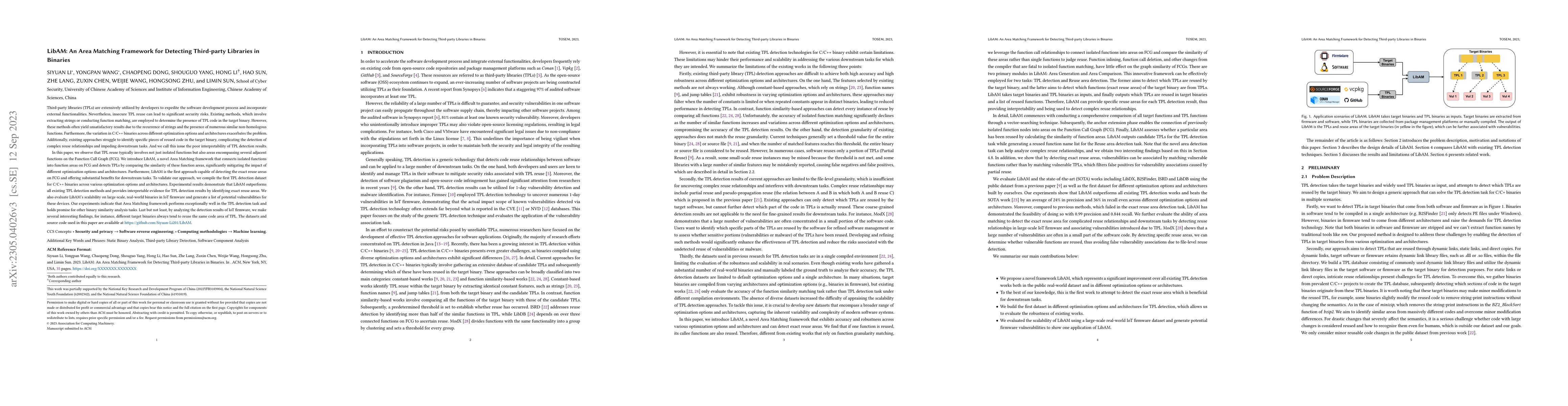 Thumbnail for LibAM: An Area Matching Framework for Detecting Third-party Libraries in
  Binaries