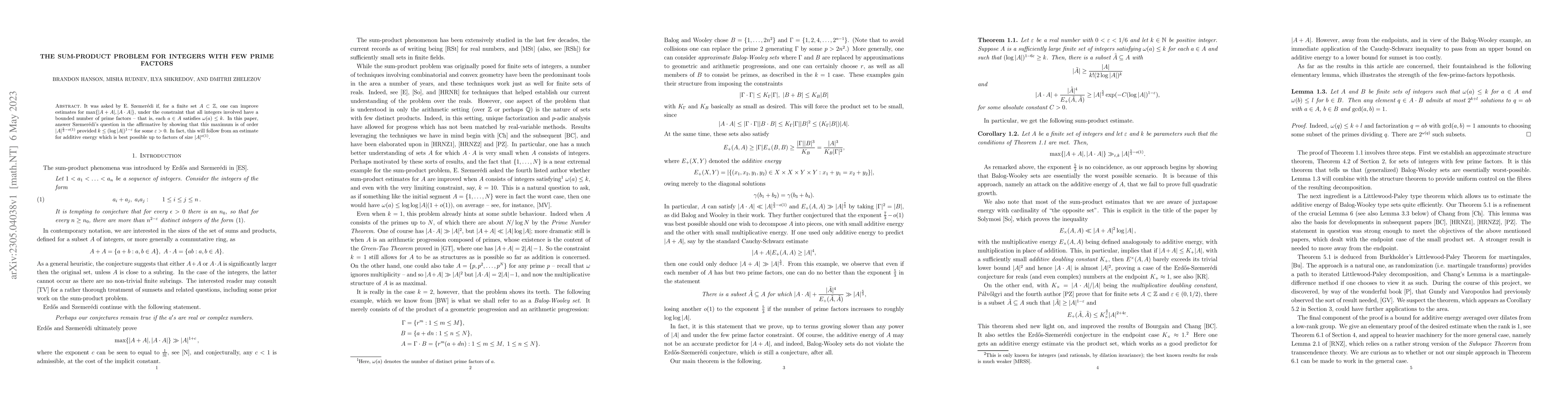 Thumbnail for The sum-product problem for integers with few prime factors