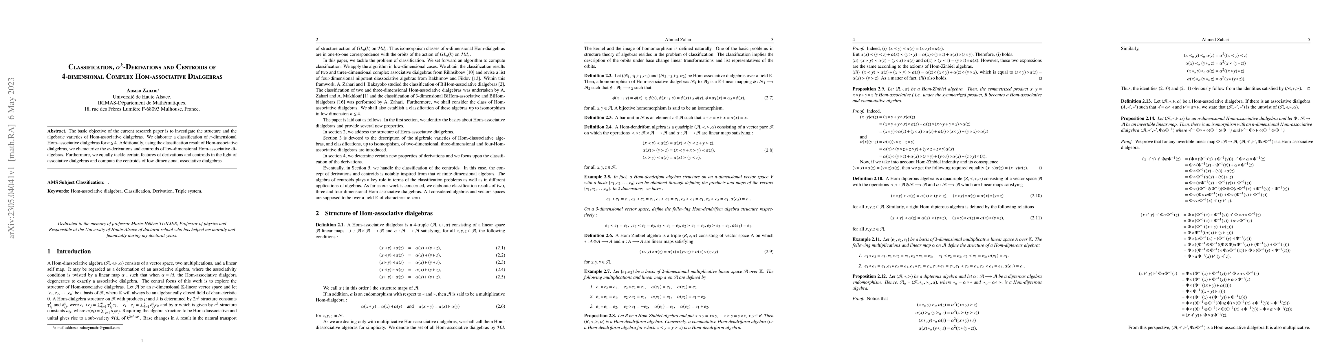 Thumbnail for Classification, $\alpha^k$-Derivations and Centroids of $4$-dimensional
  Complex Hom-associative Dialgebras