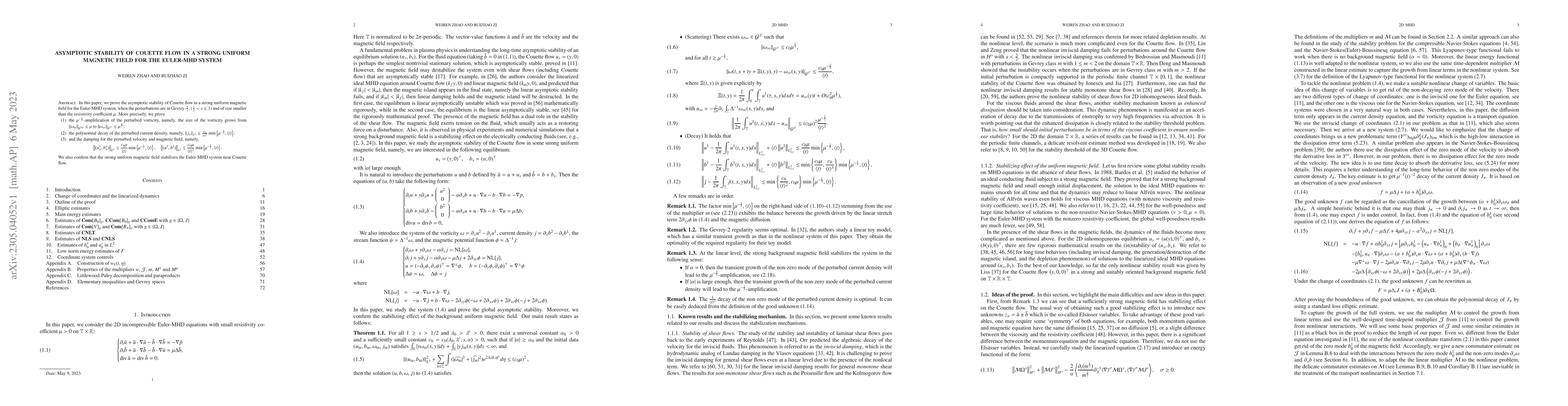 Thumbnail for Asymptotic stability of Couette flow in a strong uniform magnetic field
  for the Euler-MHD system