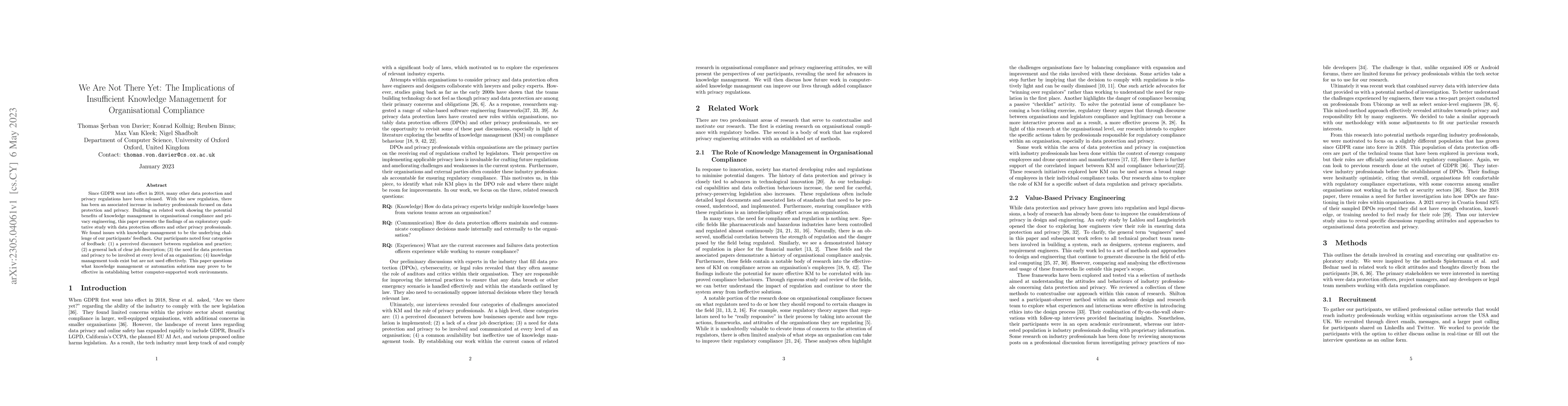 Thumbnail for We Are Not There Yet: The Implications of Insufficient Knowledge
  Management for Organisational Compliance